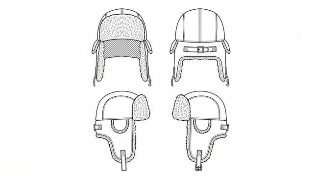 Ushanka Trapper Hat Fashion Technical Sketch Illustration Front Back and Side View for Apparel Design Mockup Line Drawing Vector