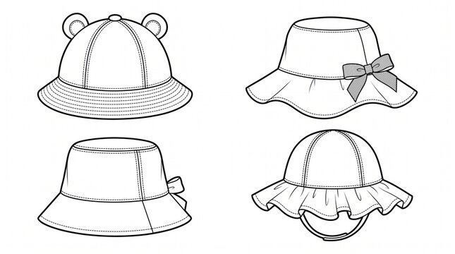 Collection of children's and baby hats vector line art illustrations including sun hats bucket hats and bonnets with cute details.