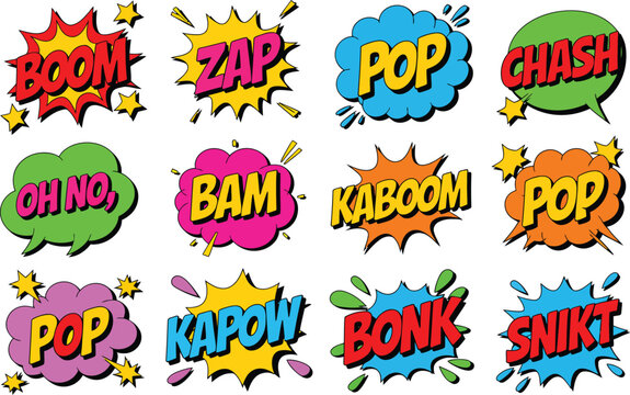 Colorful comic book sound effects in speech bubbles, pop, bam, kapow, zap, bonk, crash, snikt