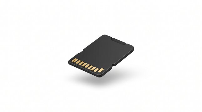 Black SD memory card isolated on white background for digital data storage and photography.