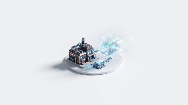 Miniature factory building with digital energy emission on a white background