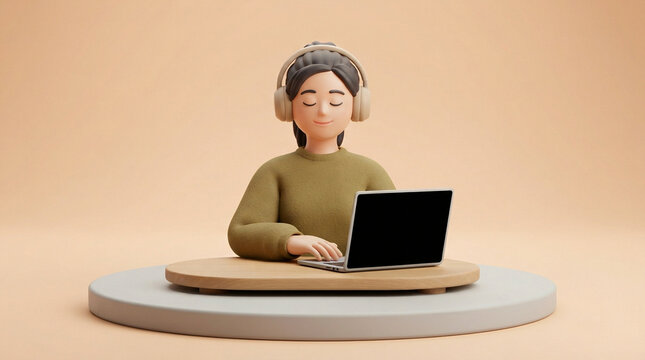 A woman wearing headphones sits at a laptop, eyes closed in concentration and enjoying her audio experience.