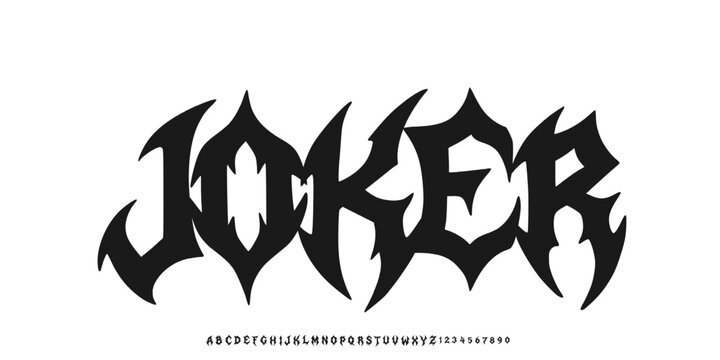 Joker. Y2k Dark Lettering tattoo vector type font. Grunge style type font with Gothic Punk Rock and Death Metal signs and symbols. Scary tattoo font 00s concept.