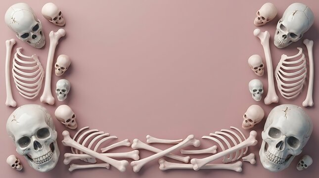 Halloween skull and bone frame with white skeletons on pink background symmetric design