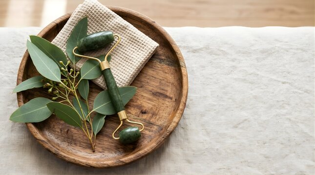 Jade facial roller with eucalyptus leaves on a wooden tray for skincare