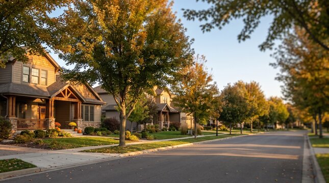 Suburban street with residential houses and colorful autumn trees
