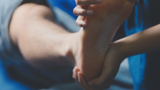 A close-up of a physical therapist or podiatrist examining and treating a patient's foot and ankle.