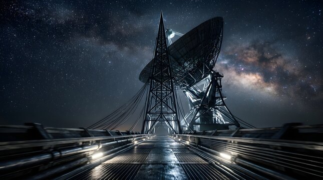 Large radio telescope antenna under a night sky with milky way stars