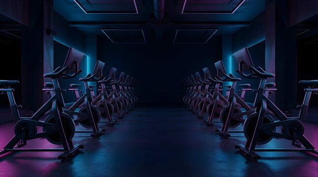 Modern indoor cycling studio with rows of exercise bikes and neon lighting