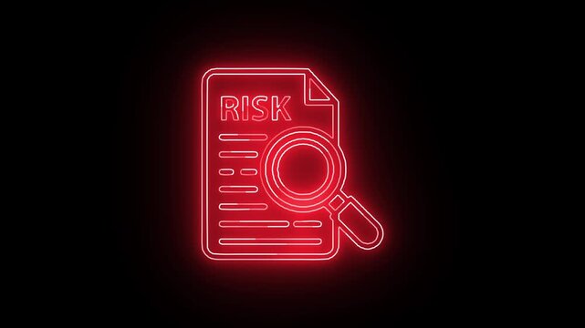 Neon red risk report document icon looping on black background for audit compliance motion graphics

