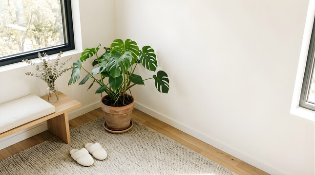Monstera plant in bright modern living room corner with slippers on rug