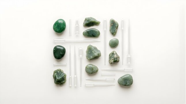 Natural green jade stones and laboratory droppers arranged on white background