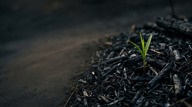 A resilient green sprout pushes through charred earth, symbolizing enduring hope, powerful renewal, and life's persistent triumph over devastation