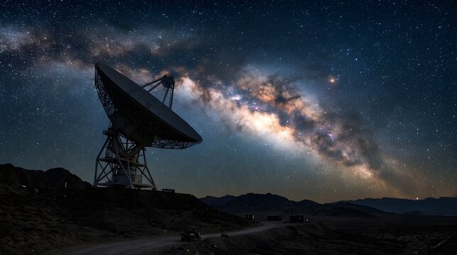 Radio telescope antenna silhouette under the Milky Way galaxy night sky