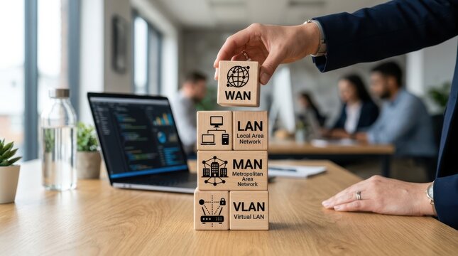 Hand stacking network boxes labeled wan, lan, man, vlan on a desk