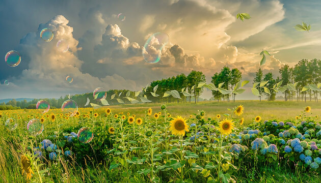 Dreamy Summer Landscape with Sunflowers and Soap Bubbles Generative AI