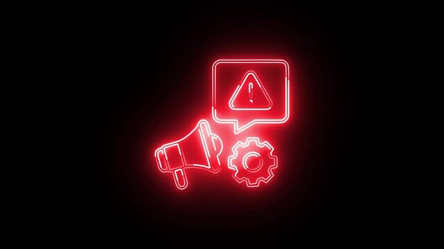Neon red warning megaphone and alert screen icon looping on black background for emergency messaging