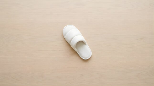 Single white house slipper on light wooden floor for hotel comfort