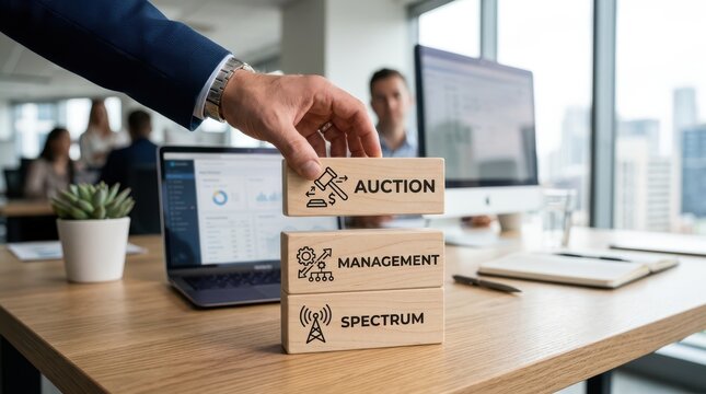 Office workspace with auction management and spectrum boxes on desk