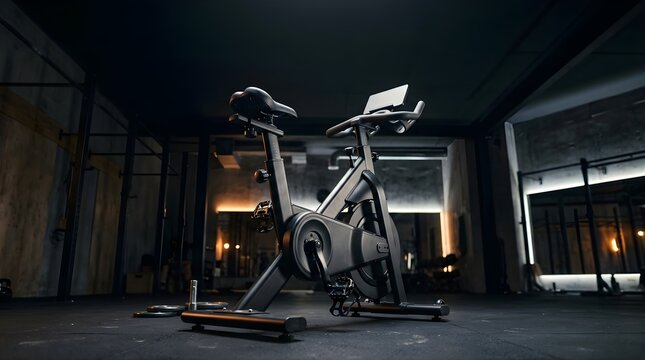Stationary cycle bike in a dark modern gym for indoor cardio training