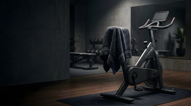 Stationary exercise bike with towel in a dark modern gym for fitness