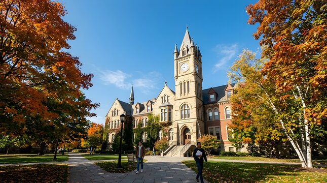Students walking on university campus in front of historic hall in autumn