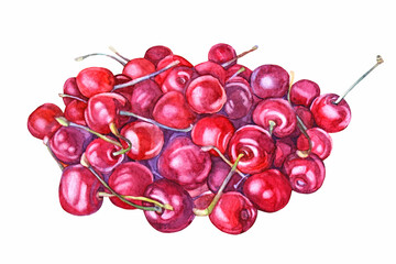 Watercolor red cherry isolated on white background. Hand-drawn sweet summer food with vitamin. Spring berry and fruit. Clipart for menu card or sticker kitchen. Element for wallpaper or wrapping © NatashaKun