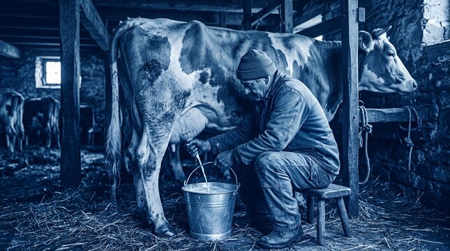Farmer milking a dairy cow in a rustic barn.