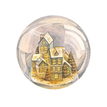 Watercolor Christmas snow globe featuring a magic fairy tale winter city illuminated by warm golden light. Festive atmosphere clipart isolated on white background. Greeting card wallpaper or wrapping