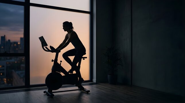 Woman silhouette riding a stationary bike in a modern apartment at night