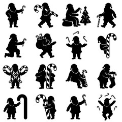 Obraz premium Santa Claus silhouettes set with candy canes and Christmas icons for holiday design