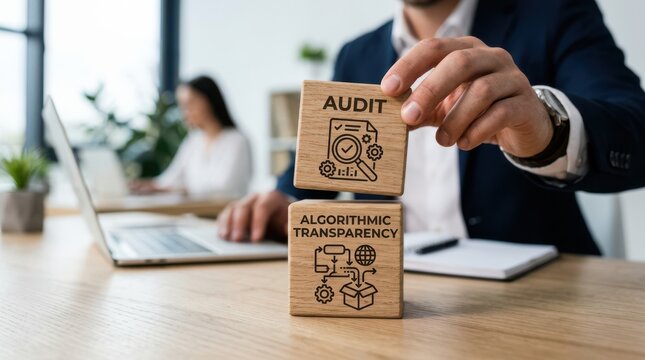 Person placing audit block on algorithmic transparency stack in office