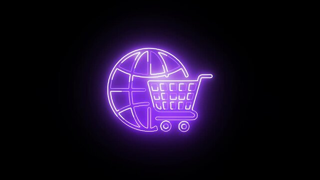 Neon global shopping cart icon looping on black background for international ecommerce motion graphics