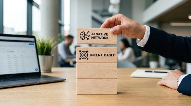Person placing box labeled intent-based and ainative network on desk