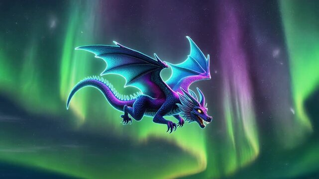 Three-headed dragon flying in a vibrant aurora borealis night sky, fantasy creature art