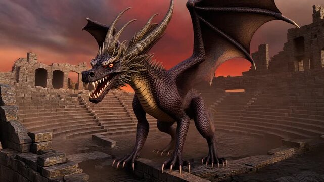 Three-headed dragon in ancient colosseum arena, epic mythical creature fantasy battle scene