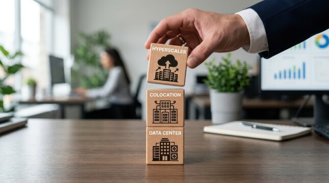 Person stacking cardboard boxes with building icons in an office