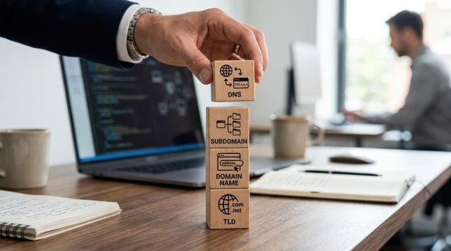 Person stacking microstock icons with laptop in office