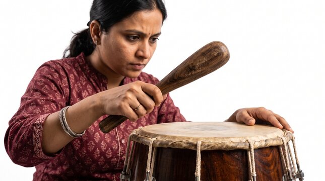 Indian woman playing dholak drum with a stick on white background