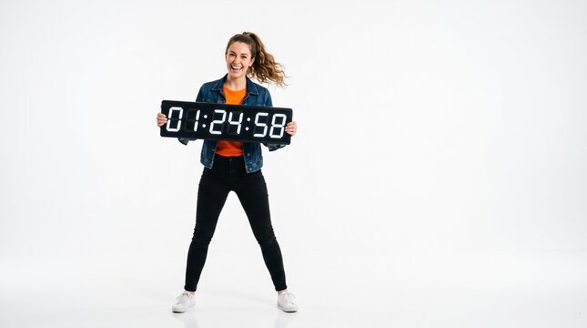 Young Woman Holding a Digital Timer Displaying 1 Hour 24 Minutes 58 Seconds