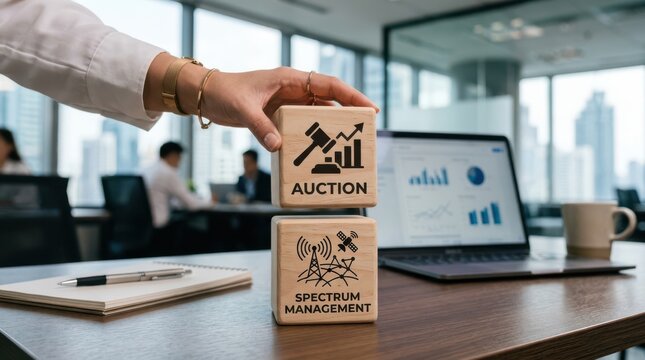 Robotic arm holding auction and spectrum management blocks in office setting