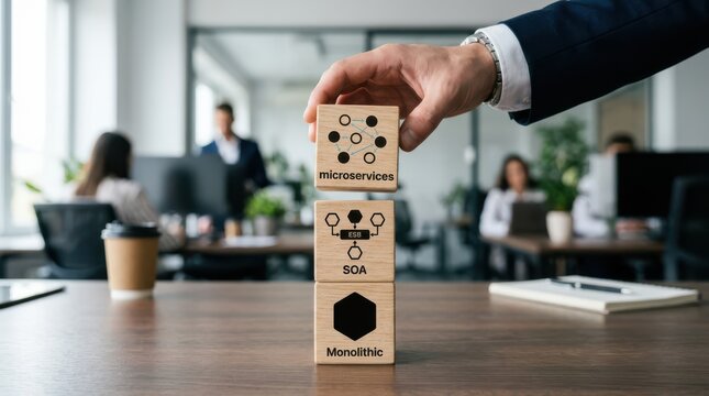 Robotic arm picking up micro services building block toy