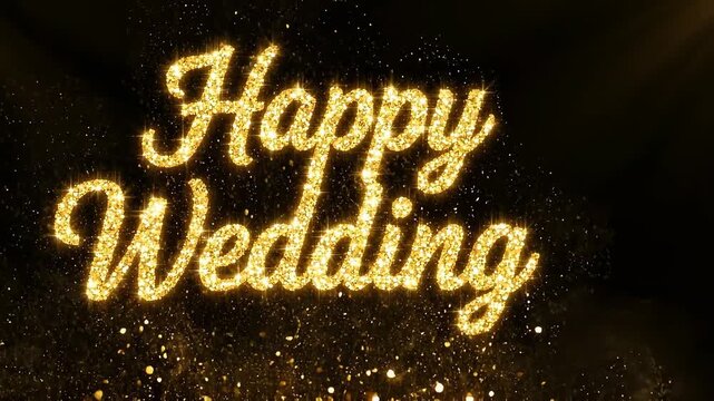 Gold foil wedding lettering shimmering with luxury glitter and particles for festive celebration
