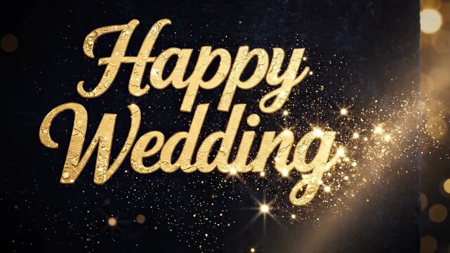 Elegant golden Happy Wedding text with glowing sparkles, rotating light effects, and bokeh on dark background