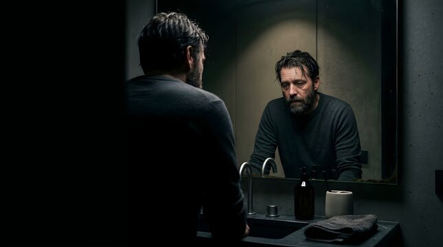 Depressed man looking at his reflection in a dark bathroom mirror