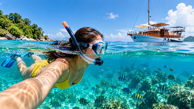 Woman Snorkeling with Colorful Tropical Fish in Ocean