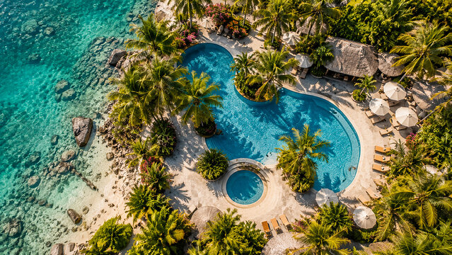 Luxurious Tropical Resort Swimming Pool Aerial View