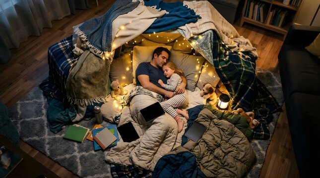 Father and daughter sleeping inside a cozy blanket fort at night at home