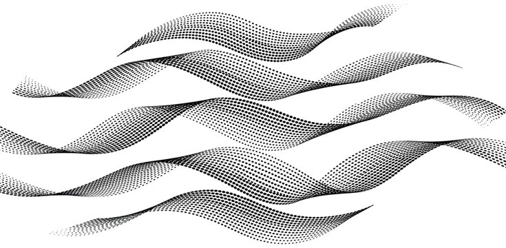 Monochrome halftone dotted illustration, abstract dynamic wave, ribbon pattern. Curved line with halftone effect, flud design. Vector minimalist background. Overlay template. Vector