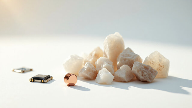 Rare Earth Minerals and Electronic Components on White Background